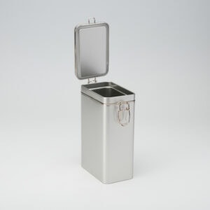 12 x PL849 Silver Rectangular Tin 500g with hinged Silver lid 117x76x197mm (£2.90 Per Tin)