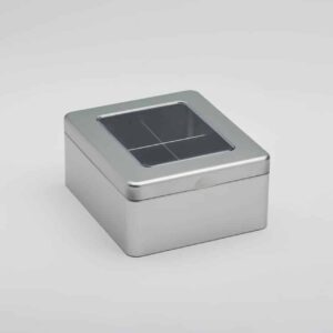 6 x WIN916 Tea tin 4 compartment with hinged lid and window 155x135x70mm (£3.50 Per Tin)